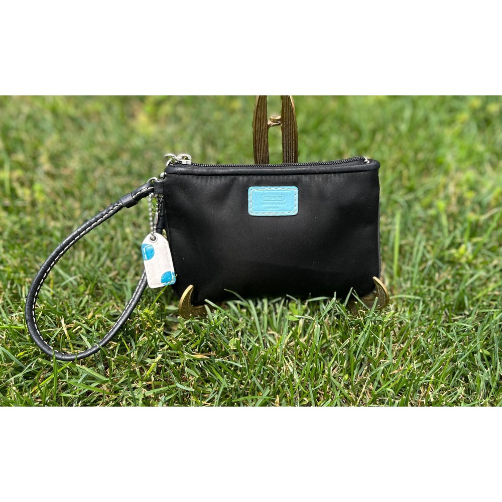 Coach Wristlet Pouch Black with Turquoise Accent Small Handbag‎ Purse